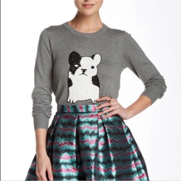 French Connection Grey Bulldog Beaded Sequins Knit Sweater Size Large - Picture 5 of 15